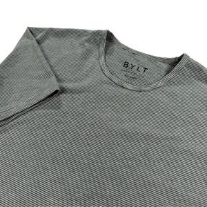 BYLT Drop Cut S/S T Shirt Mens Large Gray Green Stripe Curved Hem
